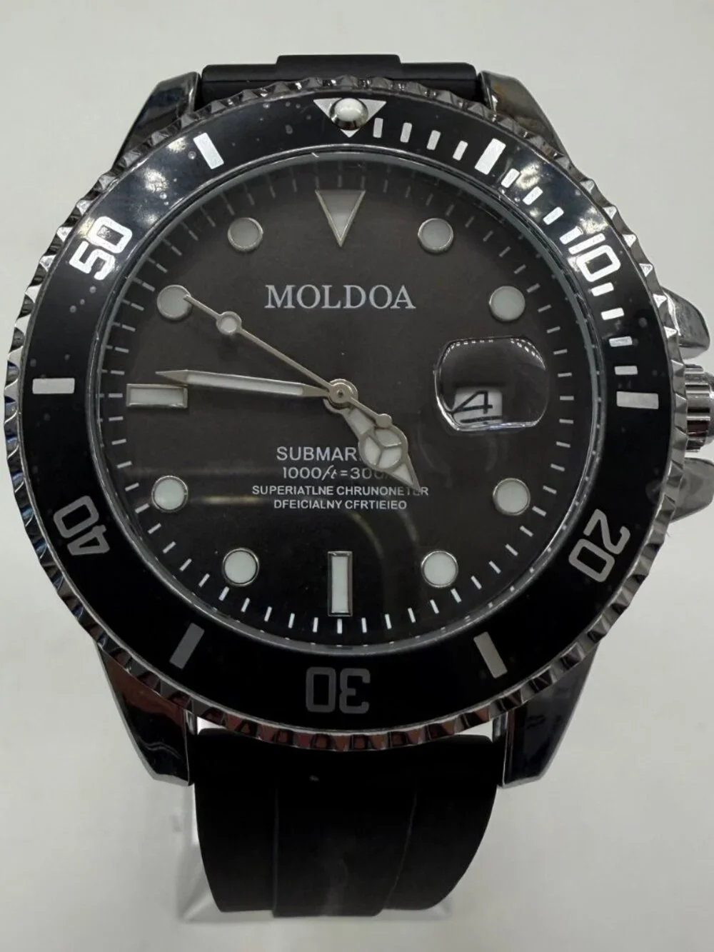 MOLDOA DIVER MENS BLACK 43MM AUTOMATIC DATE STEEL RUBBER BAND WATCH NIB